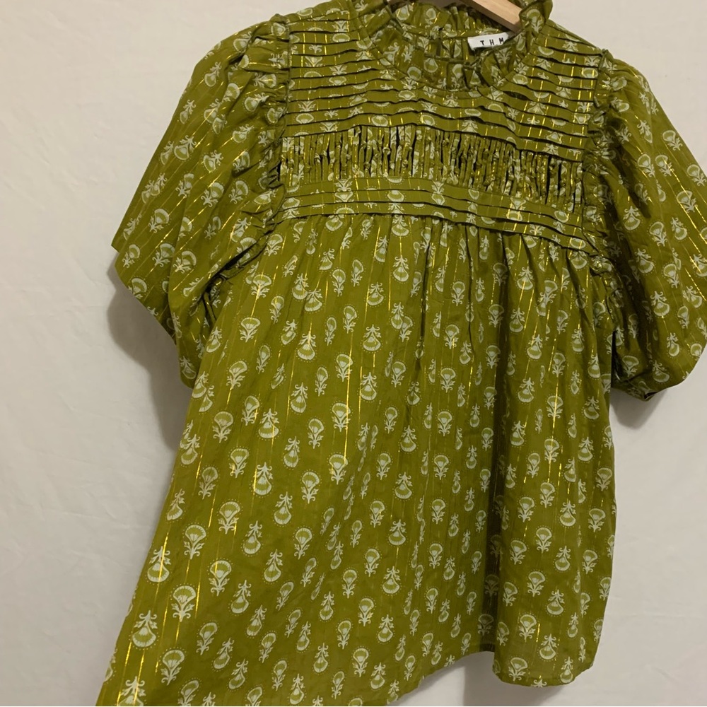 THML Olive Green Smocked Floral Short Sleeve Top - Picture 4 of 13